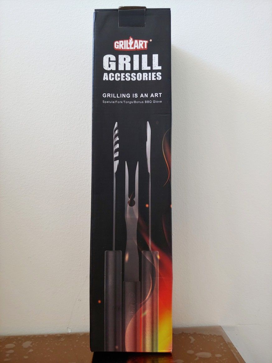 GRILLART Grill Tools Grill Utensils Set - 3PCS BBQ Tools, Stainless Barbeque Grill Accessories - Spatula/Tongs/Fork, with Insulated Glove