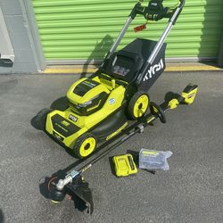 Ryobi 40v 21 inch AWD self propelled Whisper series lawnmower bundle w Hp carbon fiber weedeater
