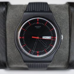 Swatch GAET Day Date Black Red Dial Swiss Quartz Watch SUOB714 41mm