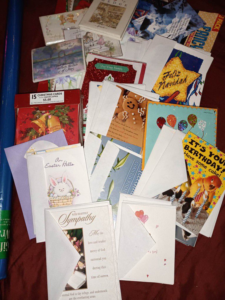 Assorted Christmas, Birthday, Valentines, Easter, Sympathy, Thank You Post Cards, And Wrapping Paper And Giftboxs