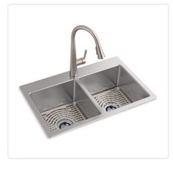 π #0346 KOHLER Cursiva 18-Gauge Stainless Steel 33 in. Double Bowl Drop-In Kitchen Sink with Faucet