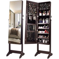 Frameless Mirror Jewelry Armoire with Lockable Cabinet