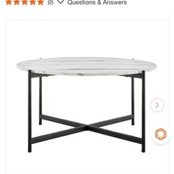35.2 in. Round Contemporary Marble Finish Veneer Top Black Metal Large Coffee Table - White Marble 