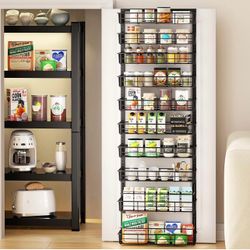 Over the Door Pantry Organizer, 10-Tier Adjustable Baskets Pantry Organization, Metal Door Shelf with Detachable Frame, Space Saving Hanging Spice Rac