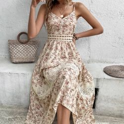VCAY Floral Print Guipure Lace Insert Cami Dress