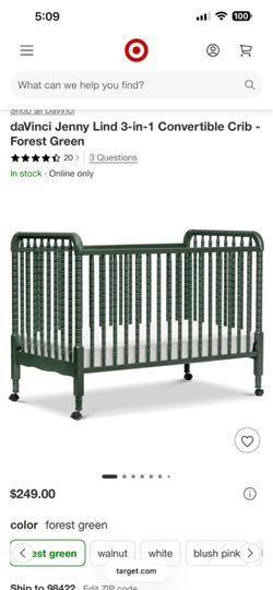 daVinci Jenny Lind 3-in-1 Convertible Crib – Forest Green