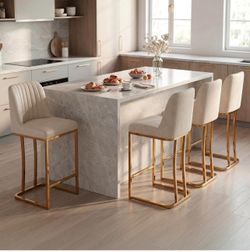LSSBOUGHT Counter Height Bar Stools Set of 4, Beige Counter Stools with Back and Gold Metal Frame,Modern Barstools with Footrest, Upholstered Leathair