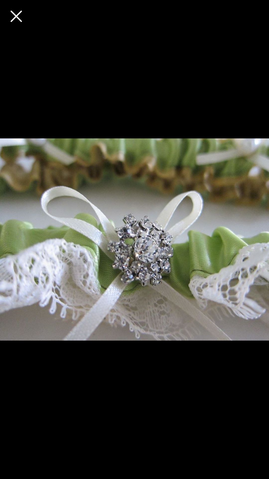 Green Wedding Garter Set with Rhinestone Pearl Ribbon Keepsake and Toss Garter