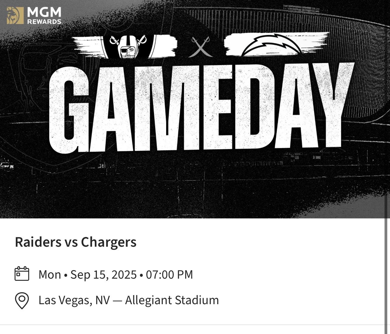 Raider vs Chargers, Monday night sep 15