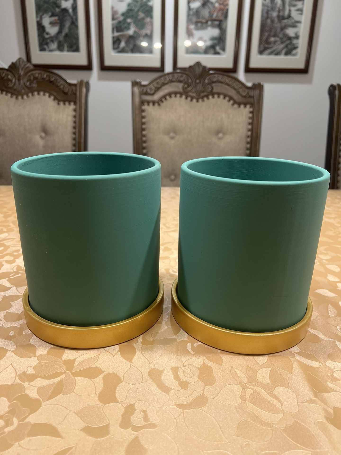 Ceramic Plant Pot with Gold Tray|5.1” Diameter × 6.3” Height|$10 / Set