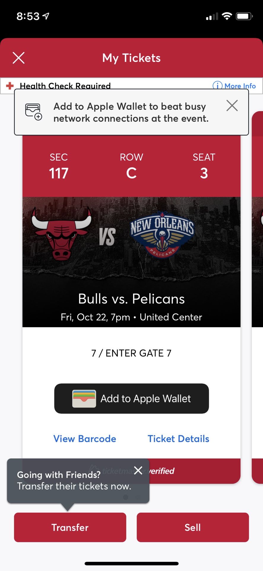 Bulls Vs Pelicans Sec 117, Row C, Seat 3&4
