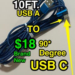 🔌 NEW USB-A to USB-C 90° Cable 10FT Right Angle