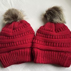 Set of 2 Red Pom-Pom Beanies | Cozy Fleece Lined Winter Hats