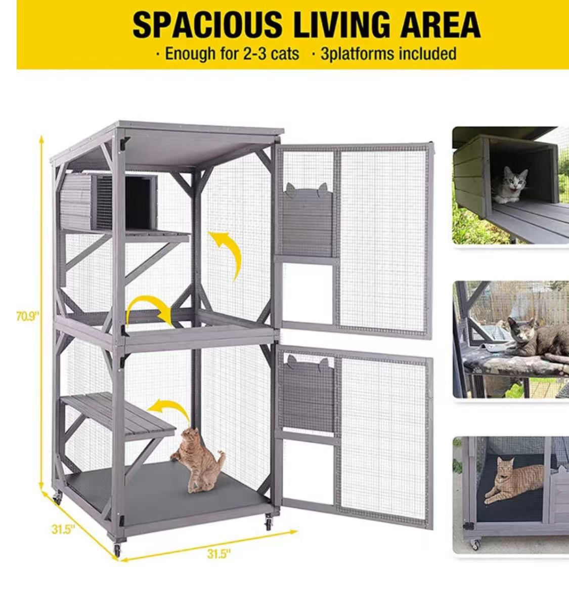 ✌️ Aivituvin AIR22-1 Cat House Outdoor Catio Cat Enclosures on Wheels 70.9" Kitty House with Upgraded Resting Box,Waterproof Roof $125