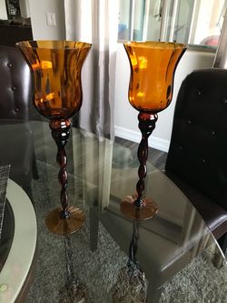 Amber Glass Twisted Stem Candle Holders Set of 2