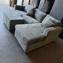 Brand New Grey Corduroy Sectionals With Free Ottoman 