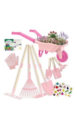 Kids Gardening Set with Wheelbarrow, Real Metal Garden Tools for Kids Ages 3-8, 4 Long Handle Tools, 3 Hand Tool, Gloves, 5 Stickers, Handbook, Outdoo