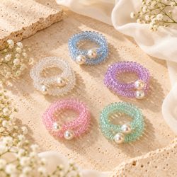 5-Pairs Pearl Spiral Hair Tie Set – Pastel Coil Ponytail Holders