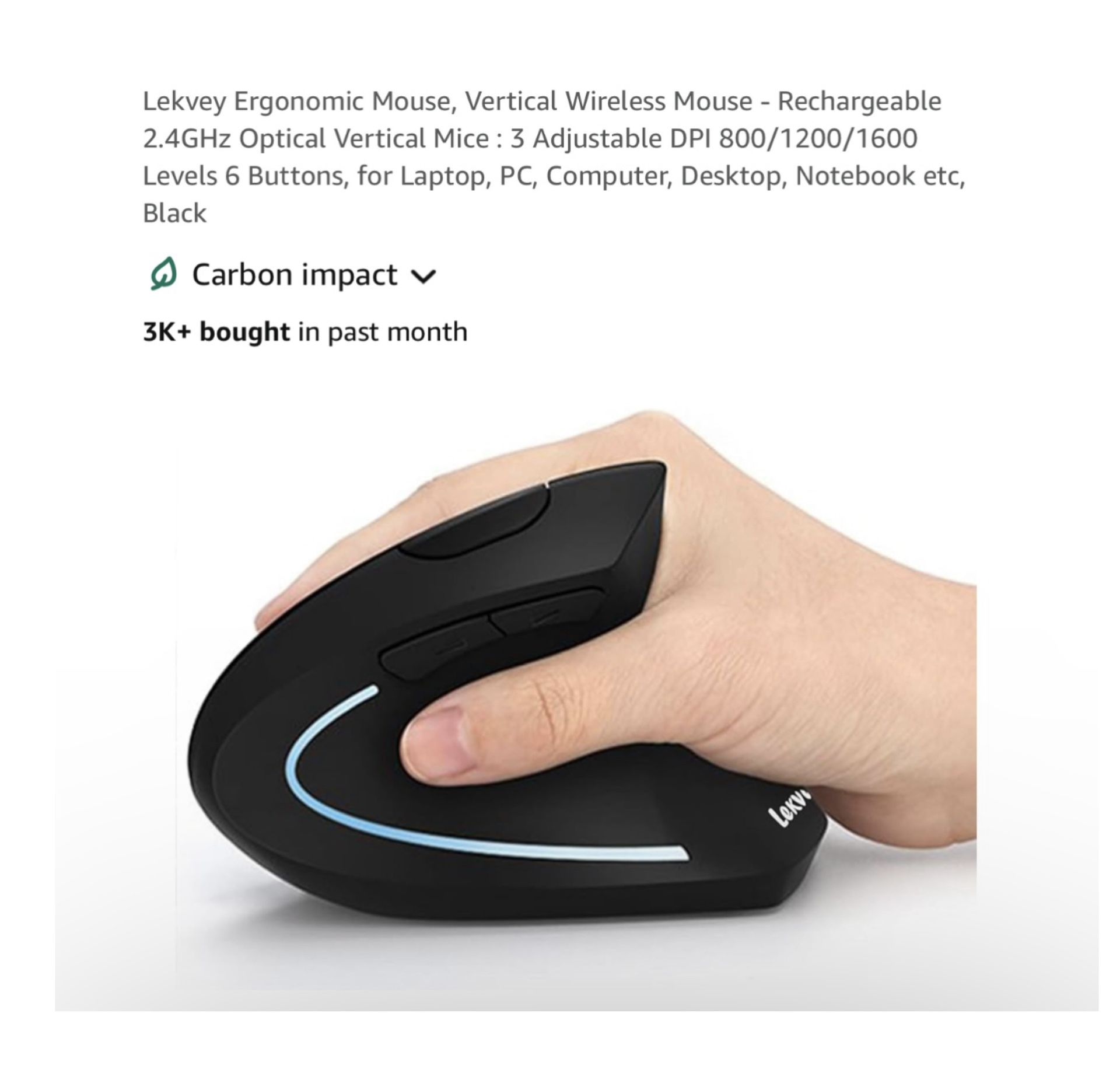 Brand new Ergonomic Mouse, Vertical Wireless Mouse - Rechargeable 2.4GHz Optical Vertical Mice : 3 Adjustable DPI 800/1200/1600 Levels 6 Buttons, for