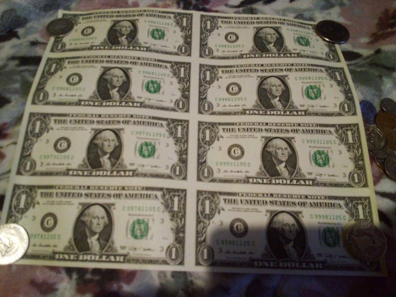 Sheet Of Dollar Bills 8 $ Of Them