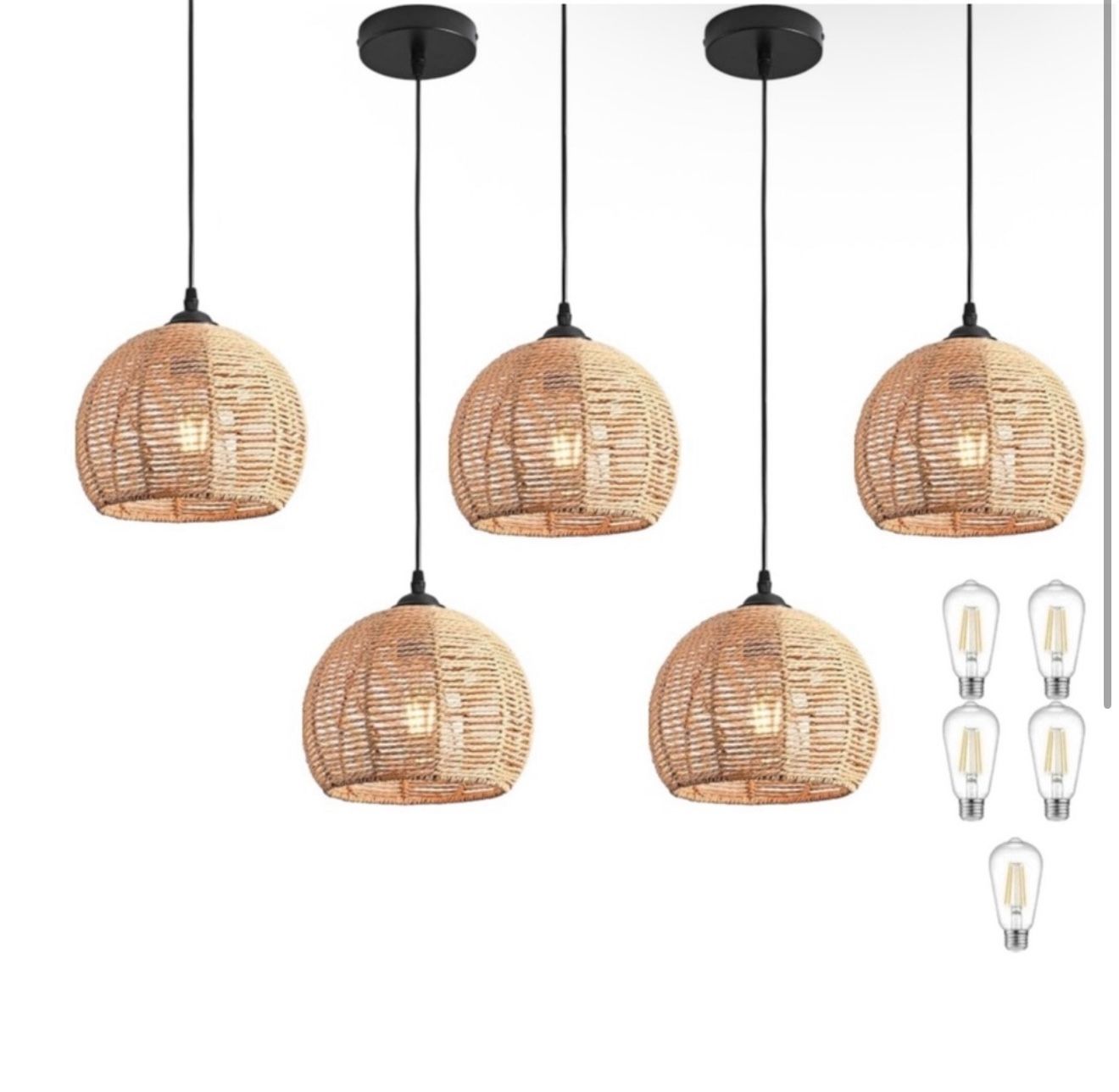 Set Of 5 Mini Hemp Rope Woven Pendant Light Fixtures Boho