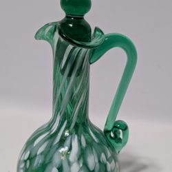 Vintage Pilgrim Art Glass Cruet Green Stretch Hand Blown with Stopper 6.5 Inch

