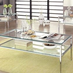 Brand New Chrome & Glass 3pc Coffee Table Set