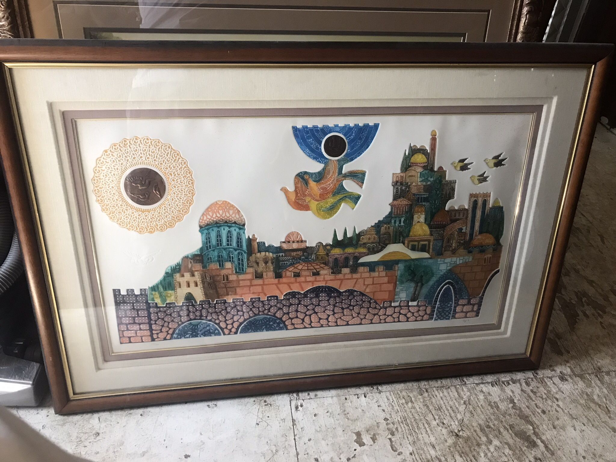 Large Jerusalem Painting w/ Metal Disks, Artist Unknown