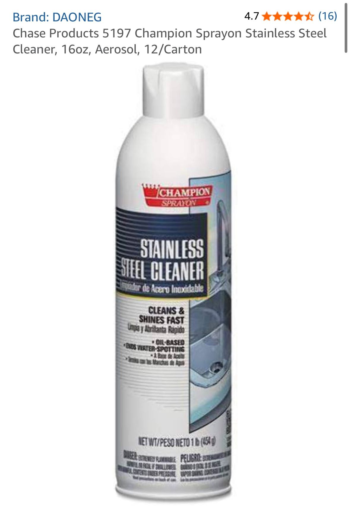 Chase Products 5197 Champion Sprayon Stainless Steel Cleaner, 16oz, Aerosol, 12/Carton