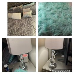 King Size Comforter Set, 2 Lamps, Silver Curtians, And Rug For Sale!