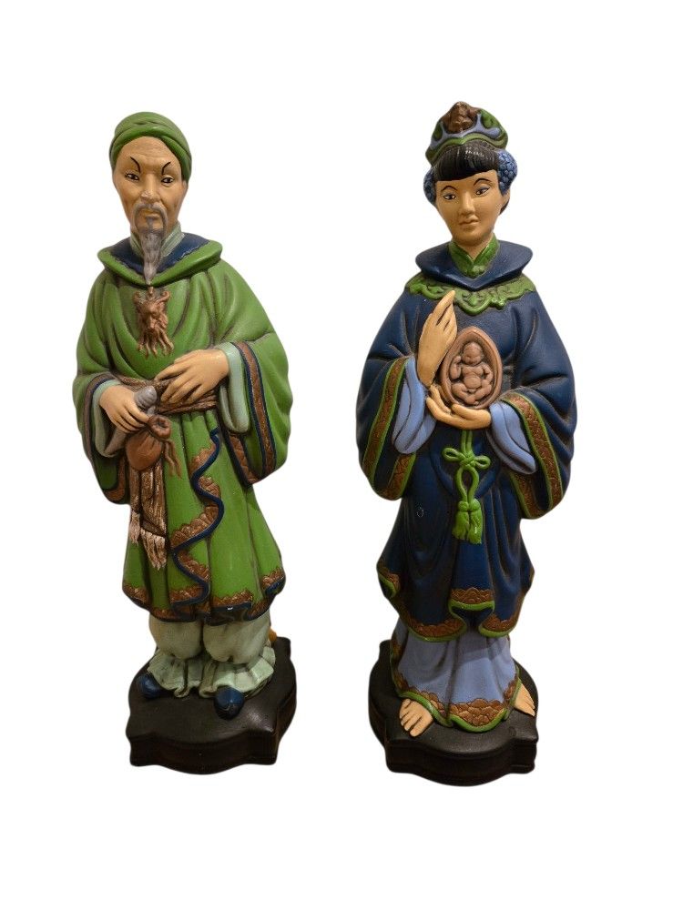 Vintage Pair Of Ceramic Statues Of a Chinese Emperor And Empress 