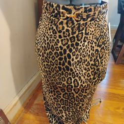 Leopard Print Midi Pencil Skirt with Gold Buckle