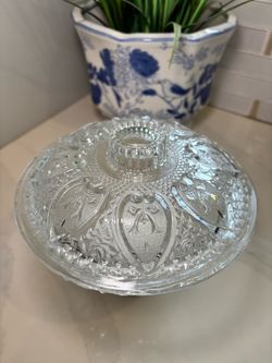 Vintage KIG Glass Candy Dish with Lid Clear Pressed Hearts Roses Shabby Chic Bowl