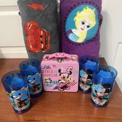Disney Magic Bundle Mickey Mouse and Goofy Tumbles, Minnie Mouse Tin Box & Cozy Frozen &  Pixar Cars Throw Blankets.