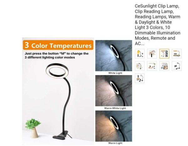 

Ring Clip Lamp, Reading Lamp, Warm & Daylight & White USB A/C w/Remote New
