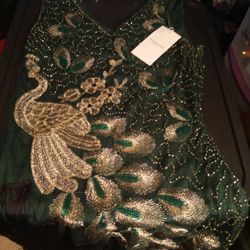 NEW BABEYOND LINED SHEATH DRESS PEACOCK EMERALD GREEN BEADED FRINGE GOLD DRESS