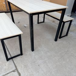 Dining Table Set for 4, Kitchen Table with 2 Benches, Modern Dining Room Table Set with Metal
