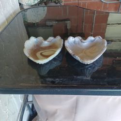 2 Heart Shaped Slag Candy Dishes
