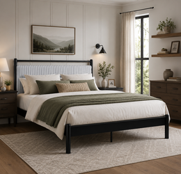 Queen Size Upholstered Platform Bed with Headboard, Rubberwood, Black + Grey