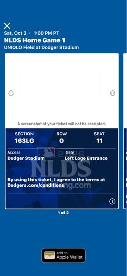 2 Tickets for the NLDS Home Game 1 at Dodger Stadium on Saturday October 3rd