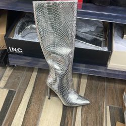 I.N.C, Silver Snake Knee- High Heeled Boots, Size 5 