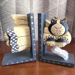 Vintage Wooden Angel Cat Bookends Rustic Country Farmhouse Hand Carved