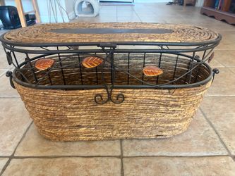 Oval Rattan & Black Metal Storage Basket Decor