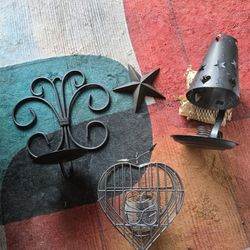 Rustic Wrought Iron & Cast Iron Decor Lot - 4 Pieces - Boise