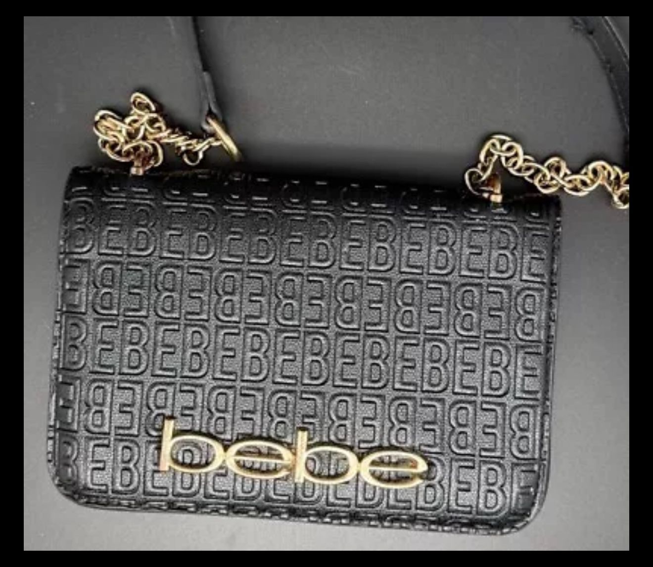 Bebe Womens Crossbody Bag Logo black Gold embossed Celia shoulder chain bag