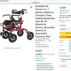 ELENKER All-Terrain 2 in 1 Rollator Walker & Transport Chair, Folding Wheelchair 