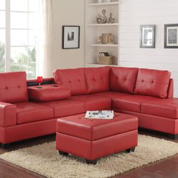New Red Leather Reversible Sectional And Ottoman
