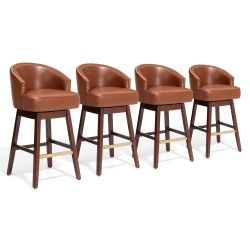 30'' Bar Stools PU Leather Upholstered Wood Swivel Barstool Set of 4 - Brown