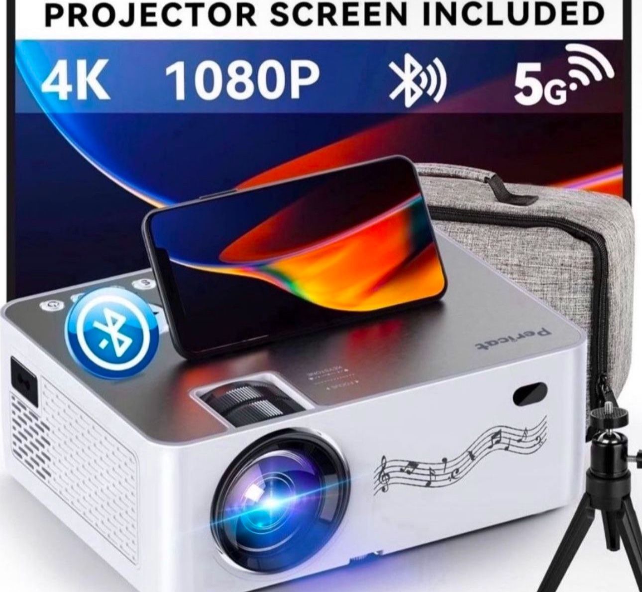 Pericat Q9 Projector with WiFi and Bluetooth, 5G WiFi Native 1080P/16000L Video Projector with Screen, 4K Support Outdoor Projector White