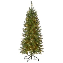 National Tree Company 4.5 ft Pre-Lit Kingswood Fir Slim Artificial Christmas Tree, 150 Clear Lights, 330 Tips, Includes Stand, Green 1460 G70308